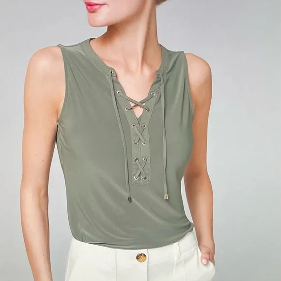 NWT WHBM Olive lace up matte Jersey top X Small - Picture 1 of 14